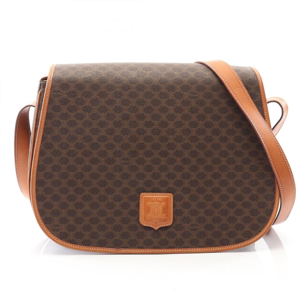 Celine Macadam Shoulder Bag Canvas Leather Brown Beige